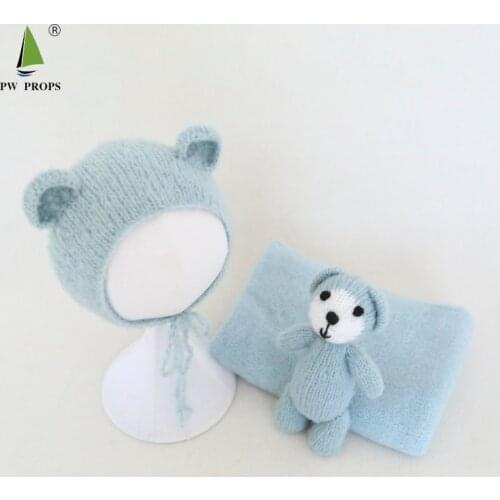 Vintage Teddy Bear Bonnet Toy Set Knit Stretch Mohair Wrap Hat and Toy Three-Piece Suit For newborn Photography Props