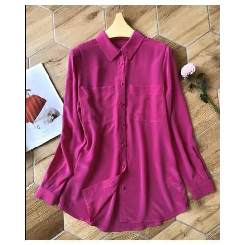 High Quality Silk Long Sleeve Blouse Shirt With Double Pockets - 2019ss Women White/Black/Yellow/Red/Rhodo/Navy Blouse Top