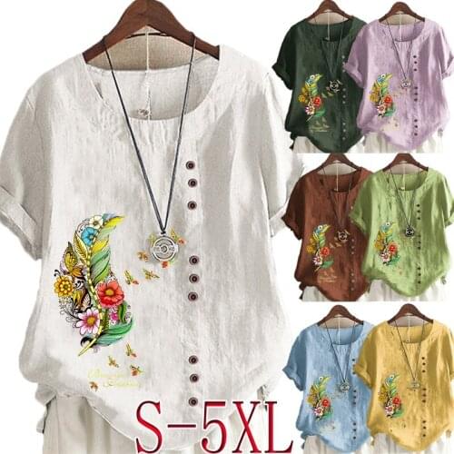 New Arrival Summer Fashion Womens Feather Printed Linen T-shirt Casual Loose Round Neck Short Sleeve Shirt Blouse Top Plus Size