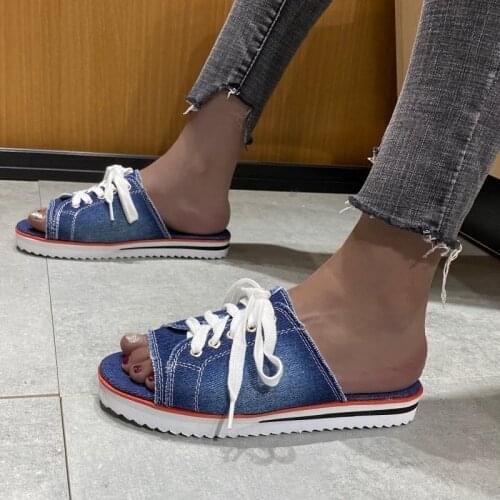 Ladies all-match canvas flat slippers Lace-up womens open-toe new casual fashion denim beach shoes trendy hot womens shoes
