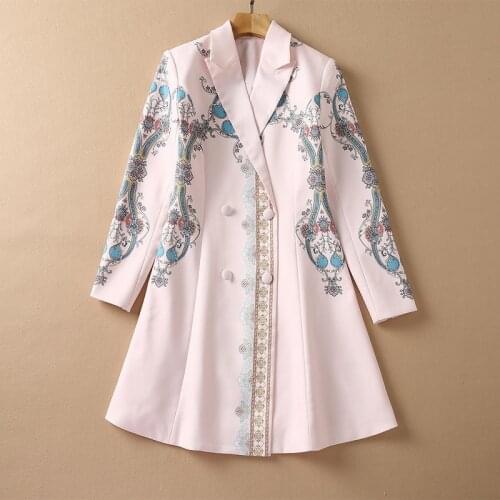 European and American womens autumn 2021 new Long sleeve double breasted Vintage print pink Fashion trench coat