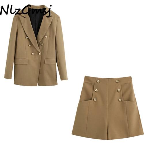 Nlzgmsj za 2020 Womens set tracksuit sets double breasted blazer suit 2 pieces sets blazer shorts suits