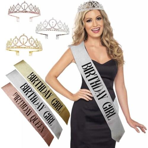 2Pcs/Set Girls Birthday Party Decoration Kit Birthday Girl Queen Sash Band Crystal Alloy Crown Princess Birthday Party Supplies