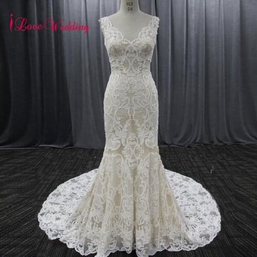 2020 Top Quality Wedding Dress Mermaid V Neckline Fishtail Lace Tulle Wedding Gown Sexy Backless Pearls Beaded Bridal Gown