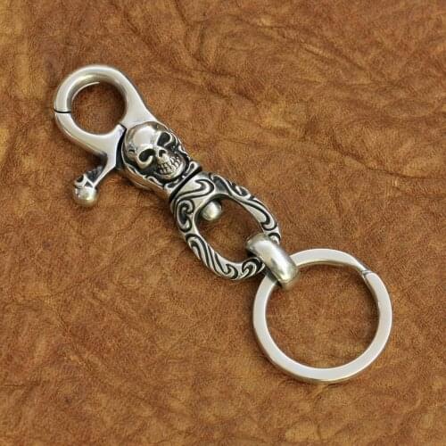 925 Sterling Silver High Detail Skull KeyRing Mens Biker Punk Keychain TA249