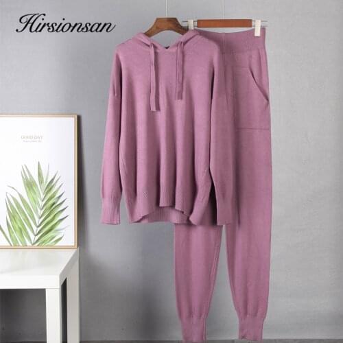 Hirsionsan Cashmere Casual Two Piece Knitted Carrot Pants & Hooded Sweater Women Autumn Winter Sets Female Tracksuits Harem Pant