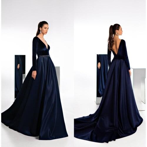 Elegant Evening Dresses V Neck Long Sleeves Lace Satin Prom Gowns 2021 Custom Made Sexy Backless Special Occasion Dress