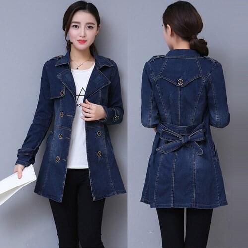 2019 Autumn Denim Jacket Coat Women Double-breasted Full Sleeves Vintage Windbreaker Female Long Jean Jacket Outerwear Tops R640