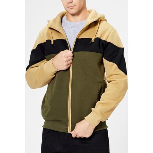 Men Hoodie Jacket 2021 Color Block Zipper Autumn Winter Hooded Drawstring Pockets Sweatshirt Male Clothes