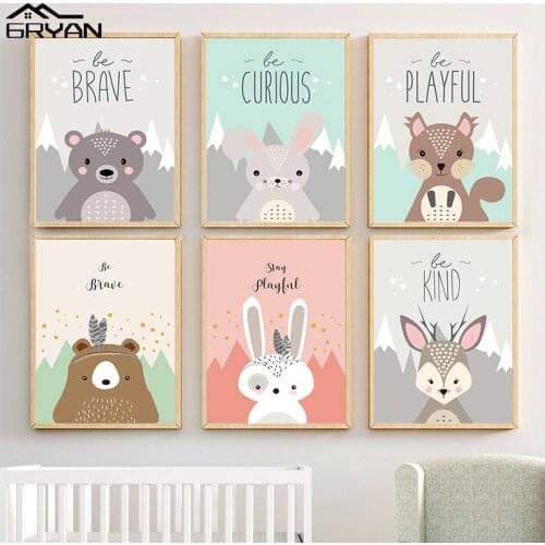 Baby Nursery Woodland Animal Wall Art Canvas Print Poster Owl Bear Rabbit Deer Nordic Kid Child Room Decorative Picture Painting