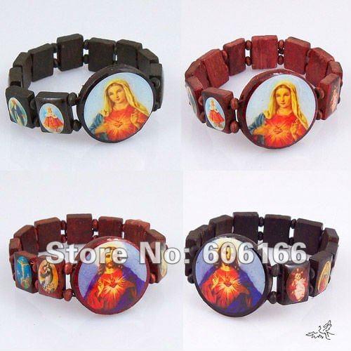 Wholesale 48pc Wooden Catholic Rosary Beads Bracelet SAINTS Angel Virgin Mary Holy Icon Religious Bracelets