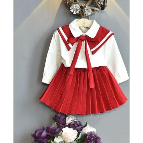 Autumn Winter Girls' School Clothes Set Korean Outfits Navy Neck Top+Pleated Skirt Baby Children Knitted Sweater Clothes Suit