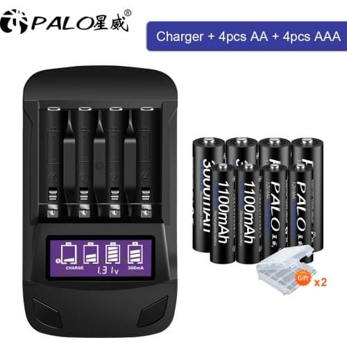 PALO 4pcs AA battery rechargeable 1.2V+4pcs rechargeable AAA batteries+LCD USB smart charger AA AAA battery charger