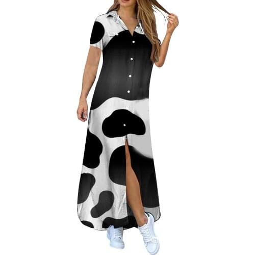 40# Casual Long Shirt Dress Woman Lapel Maxi Dress Short Sleeve Loose Dresses Pocket Button Shirt Print Dress Vestido De Mujer