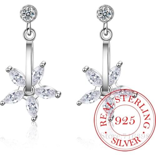 925 Sterling Silver Crystal Flower Drop Earrings For Women Fashion Jewelry Brincos