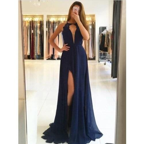 A-Line Chiffon O-Neck Prom Dresses Sexy Back High Slit Formal Dress Elegant Sweep Train Vestido de fiesta Gala jurken