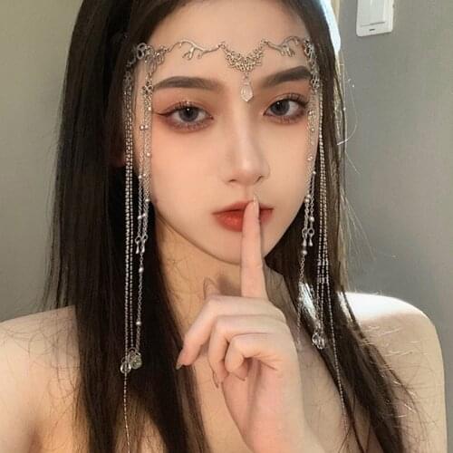 Wedding Bridal Jewelry Headpiece Metal Antler Crystal Drop Tiara Head Chain Rhinestone Long Tassels Forehead Headband