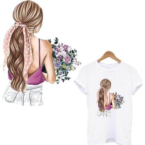 Fashion Girl Thermal Stickers Iron On Transfers Patch Applique For T-Shirt Flower Girl Clothing Heat Transfers Thermo-sticckers