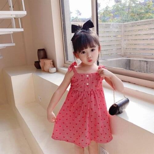Heart Printed Dress for Kids 2021 Fashion Summer Clothing Square Collar Spaghetti Strap Dress Button Decoration Beach Dress