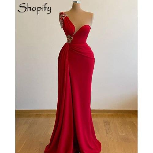 Gorgeous Long Red Evening Dress 2020 Mermaid Side Slit Sleeveless Simple African Women Dubai Formal Gowns