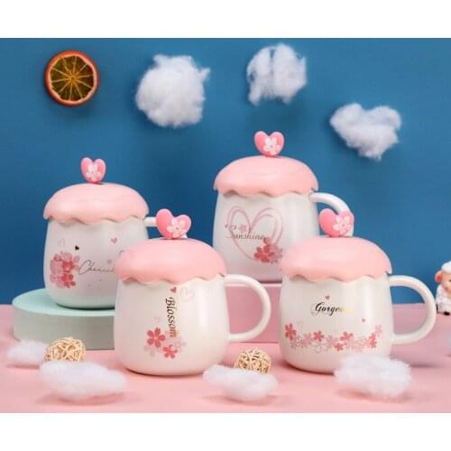Japanese Mugs Coffee Cups Creative Love Small Cherry Blossom Mug Breakfast Milk Coffee Mug with Lid And Spoon Ceramic Mug
