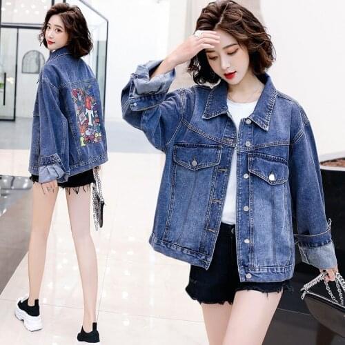 Harajuku Style Printed Loose Denim Jacket Women Spring Autumn Coat New 2021 Korean Single Breasted Streetwear Casual Jackets
