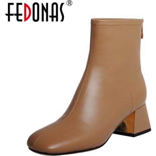 FEDONAS Basic Fashion Concise Women Ankle Boots Genuine Leather Back Zipper Thick Heels Office Ladies Casual Shoes Woman Autumn