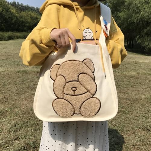 Embroidered Plush Bear Women Canvas Handbags All-match Girls Student Messenger Bag Large Capacity Female Cute Tote Shoulder Bags