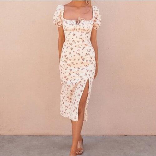 Summer Women Dress 2021 The New Floral Printed Square Collar Puff SleeveShort Sleeve Split Fork Midi Sundress
