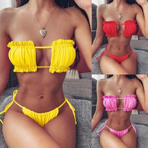 Women Sexy Leopard Pleated Tube Top Bra G-string Briefs Bikini Set Swimsuit