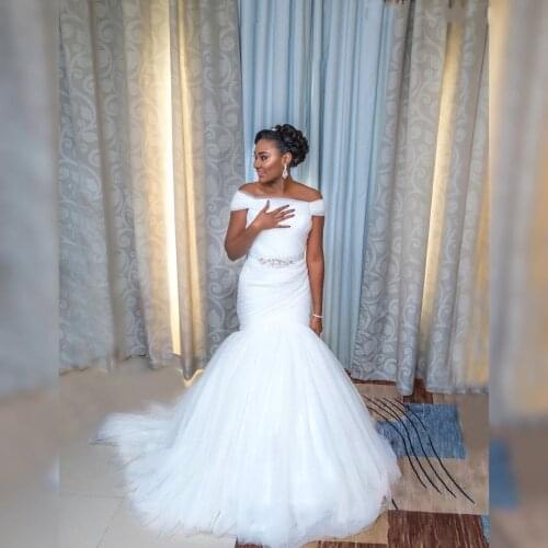 Women off Shoulder Mermaid Long Wedding Dresses Plus Size Lace Up Back African Tulle Bridal Gowns for Women