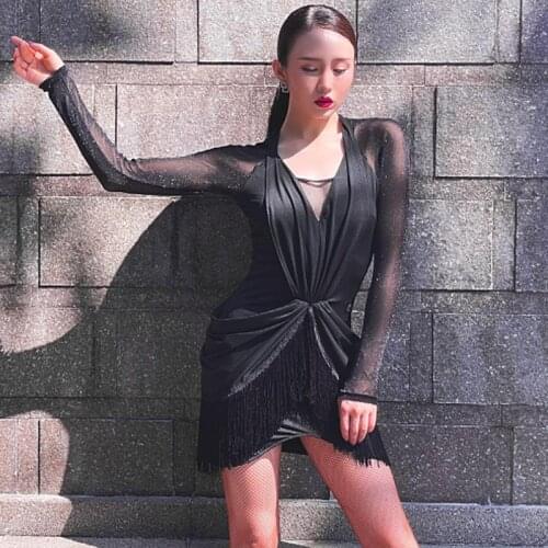 Latin Dance Dress Shiny Sequin Long Sleeves Fringed Dresses For Women Latin Performance Wear Black Dress With Bra Pants DNV14366