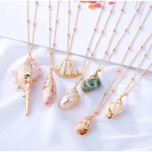 2019 NEW Vintage Bohemian Ocean Gold Beads Cowrie Shell Conch Pendant Necklace Women Long Choker Necklaces Fashion Jewelry