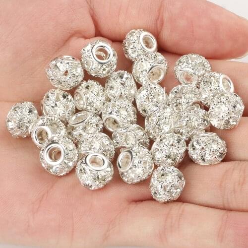 10pcs 8/10/12mm Metal Silver Plated Crystal Rhinestone Round Ball Loose Beads For Jewelry Making Diy Bracelet Charms Wholesale