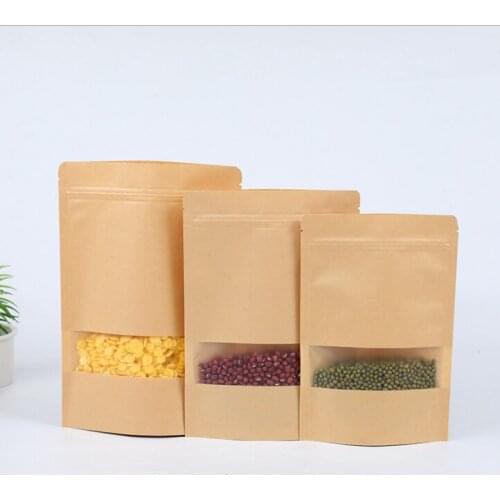 18*26+4 Food Moisture Barrier Bags Packaging sealing pouch Brown Kraft Paper Doypack Pouch with clear Window