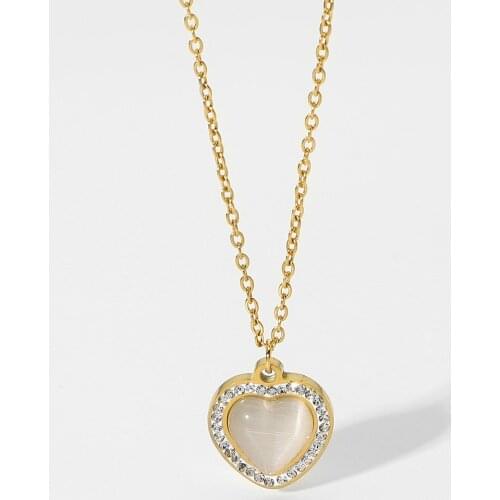 18K Gold Plated Stainless Steel Crystal Rhinestone Heart Shape Opal Pendant Necklace For Women Party Jewelry Accessories