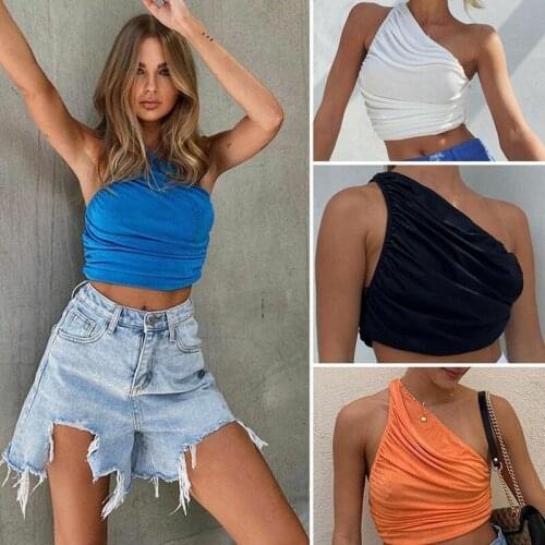 White One Shoulder Crop Top Plain Women Sexy Sleeveless Ruched Flods Tops Summer Solid Short Backless Tanks Party 2021 Fashion