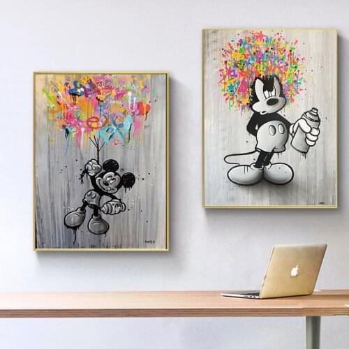 Black and White Cartoon Mickey Mouse Graffiti Art Canvas Poster and Prints Creative Wall Art Pictures for Living Room Decor
