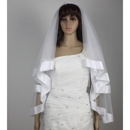 2-layer wide ribbon veil bride wedding vails fingertip length ivory/white veils &comb short veil 60x90cm
