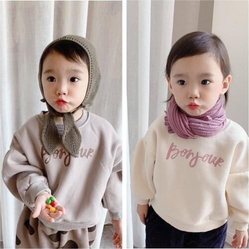 2-7 Y Baby Girls Hoodies Autumn Winter Kids Korean Velvet Sweatshirt Letter Print Puff Sleeve Cotton Casual Pullovers For Girl