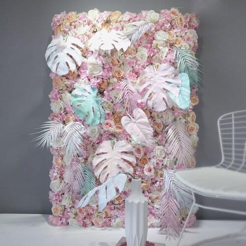 60x40cm Artificial Hydrangea Rose Peony Flower Panels Wedding Backdrop Centerpieces Decorations Venue Floral Decor Palm Leaf