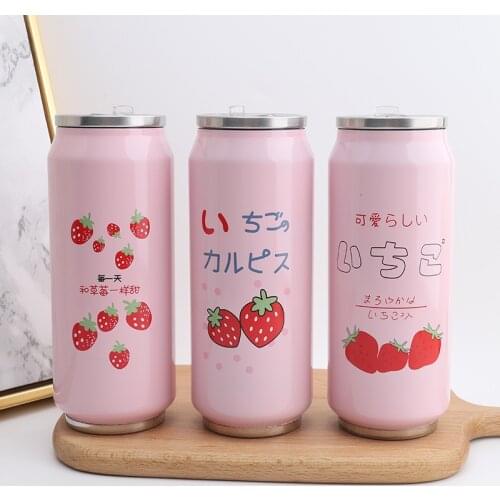 Cute Strawberry Insulated Water Bottle Stainless Steel Thermos Portable Wide Mouth Can Cup Travel Bottle 500ml