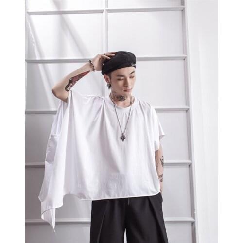 Summer dark asymmetric stitching bat sleeve short sleeve T-shirt trendy mens small base Shirt Large hip hop