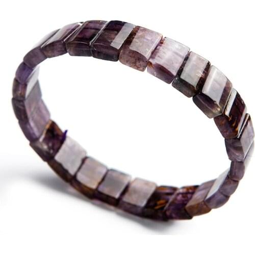 Genuine Natural Purple Gold Titanium Cacoxenite Rutilated Quartz Crystal Stretch Healing Rectangle Bead Bracelet