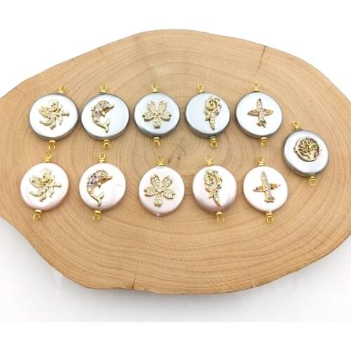 Natural micro Pave CZ paved White Pearl Charm pendant flower animal cubic zirconia paved with multi stones connector DIY Making