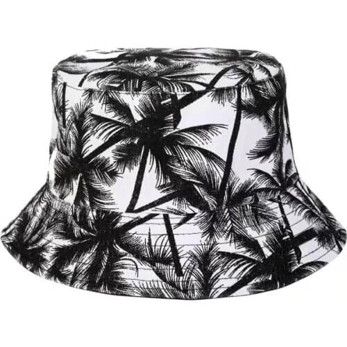 2021 New Fashion Summer Coconut Tree Printed Fisherman Caps Panama Bucket Hat Reversible Gorro Pescador Men Women Fisherman Hats