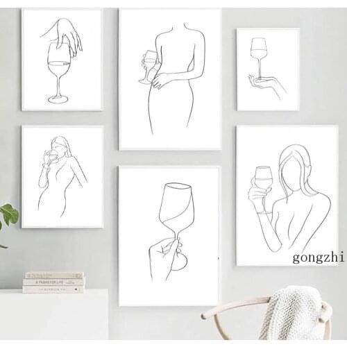Sexy Woman Wine Line Drawing Poster Black and White Abstract Canvas Painting and Prints Kitchen Wall Art Pictures Home Decor
