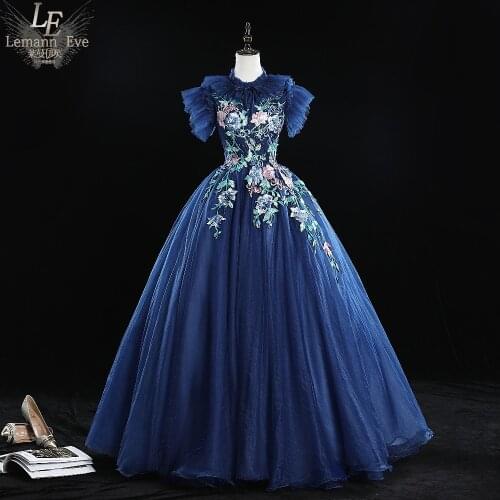 Navy blue ruffle collar and sleeve embroidery rococo princess cosplay medieval dress Renaissance gown queen Victoria Belle Ball