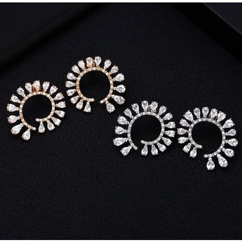 Jankelly Trendy Luxury water shape Stud Earrings For Women Wedding Cubic Zirconia Crystal African Dubai Gold Bridal Earring