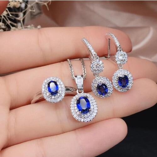 Water drop blue gemstone ring earrings and necklace jewelry set silver ornament fine jewelry natural blue gem birthday gift